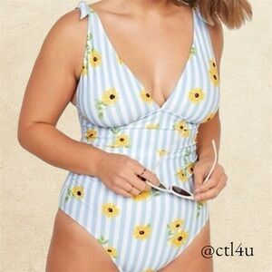 NWT Old Navy OLX Deep V Tie Light Blue Striped One-Piece Swimsuit Women's S